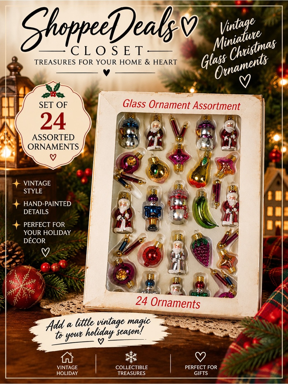 Vintage Miniature Glass Christmas Ornaments – Set of 24